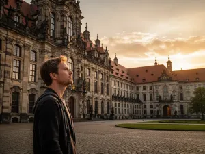Pałac Kultury i Nauki w Warszawie o zachodzie słońca, widziany z parku pełnego jesiennych liści.