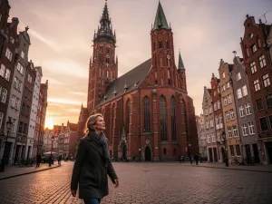 Budynek Fabryki Emalia Oskara Schindlera w Krakowie o zachodzie słońca z przechodniem na brukowanej ulicy.