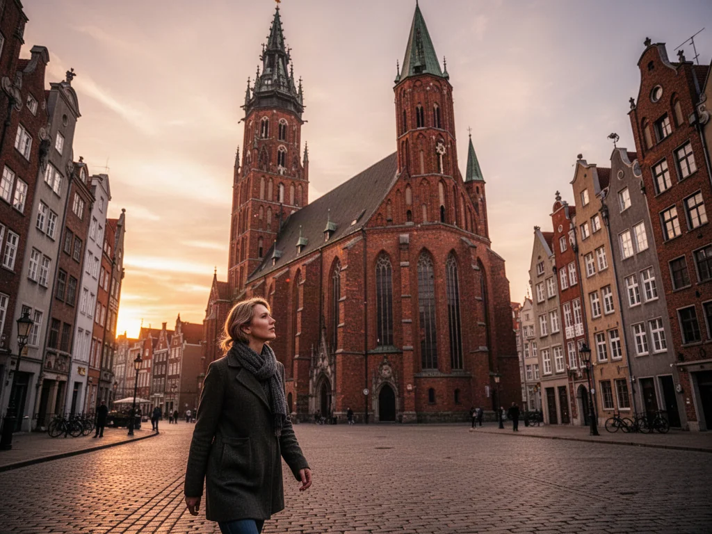 Bazylika Mariacka w Gdańsku o zachodzie słońca, z turystką podziwiającą monumentalną gotycką architekturę z czerwonej cegły.