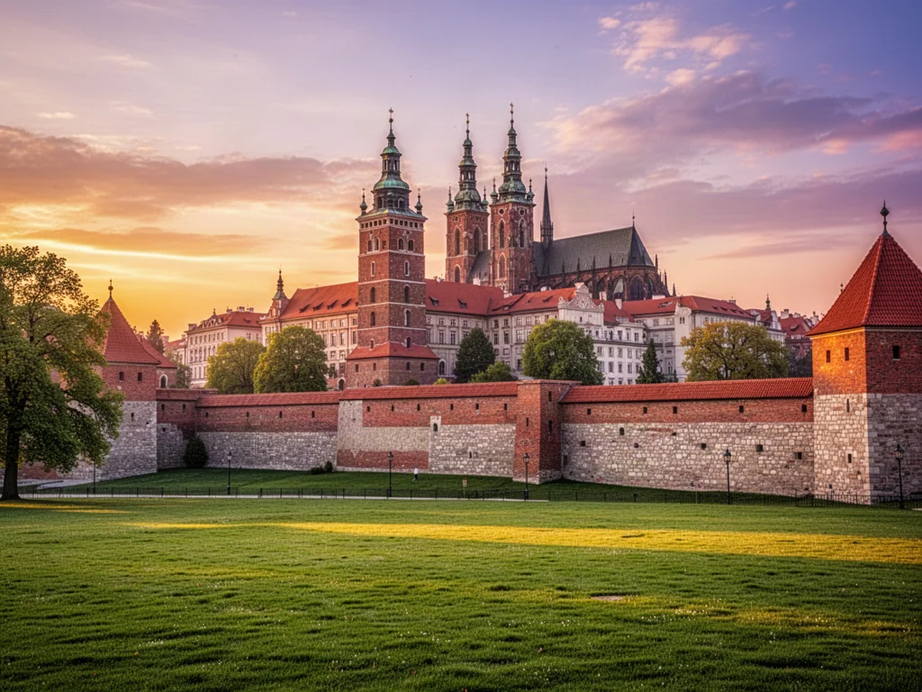 Zamek Królewski na Wawelu w Krakowie o zachodzie słońca, prezentujący majestatyczne wieże i historyczne mury.