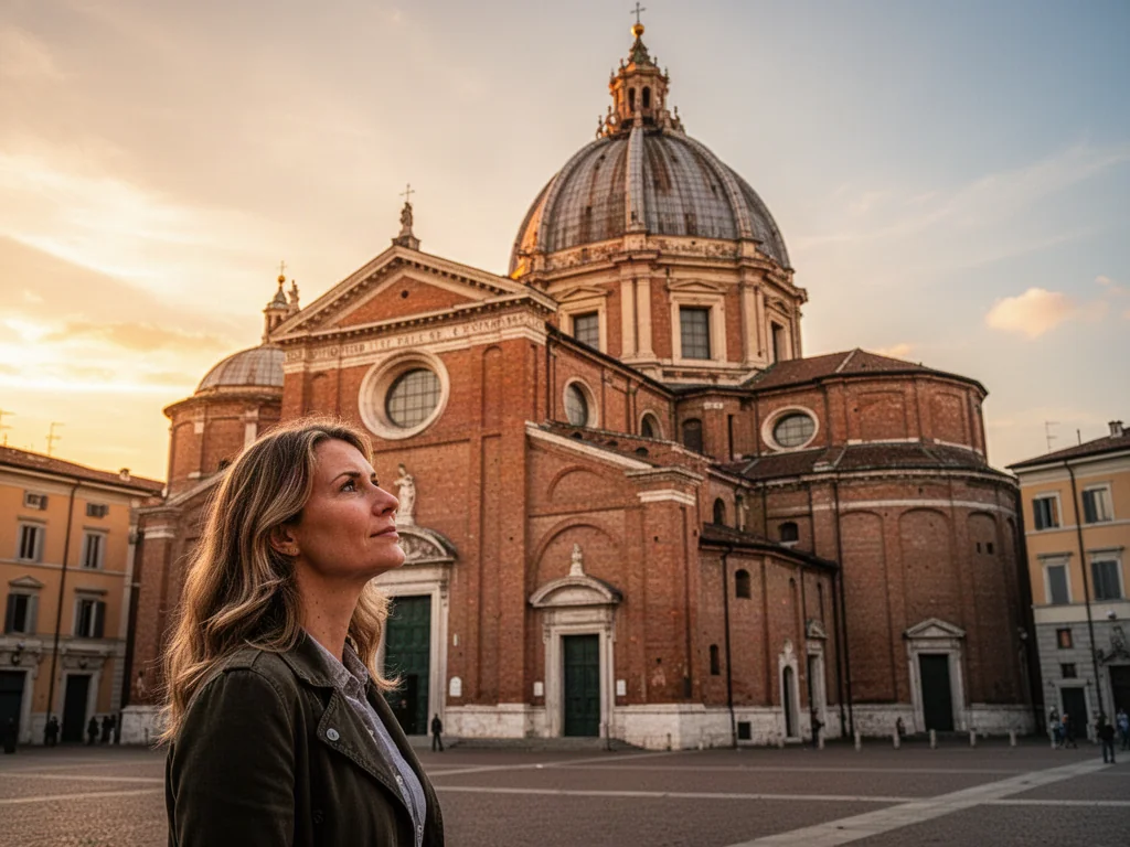 Turystka podziwiająca renesansową fasadę kościoła Santa Maria delle Grazie w Mediolanie w blasku zachodzącego słońca.