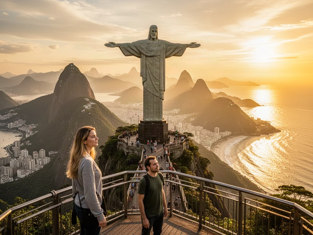 Turystka podziwia panoramę Rio de Janeiro z tarasu widokowego przy pomniku Chrystusa Odkupiciela o zachodzie słońca.
