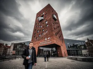 Historyczna latarnia morska w biało-czerwone pasy na klifie o zachodzie słońca nad spokojnym Bałtykiem.