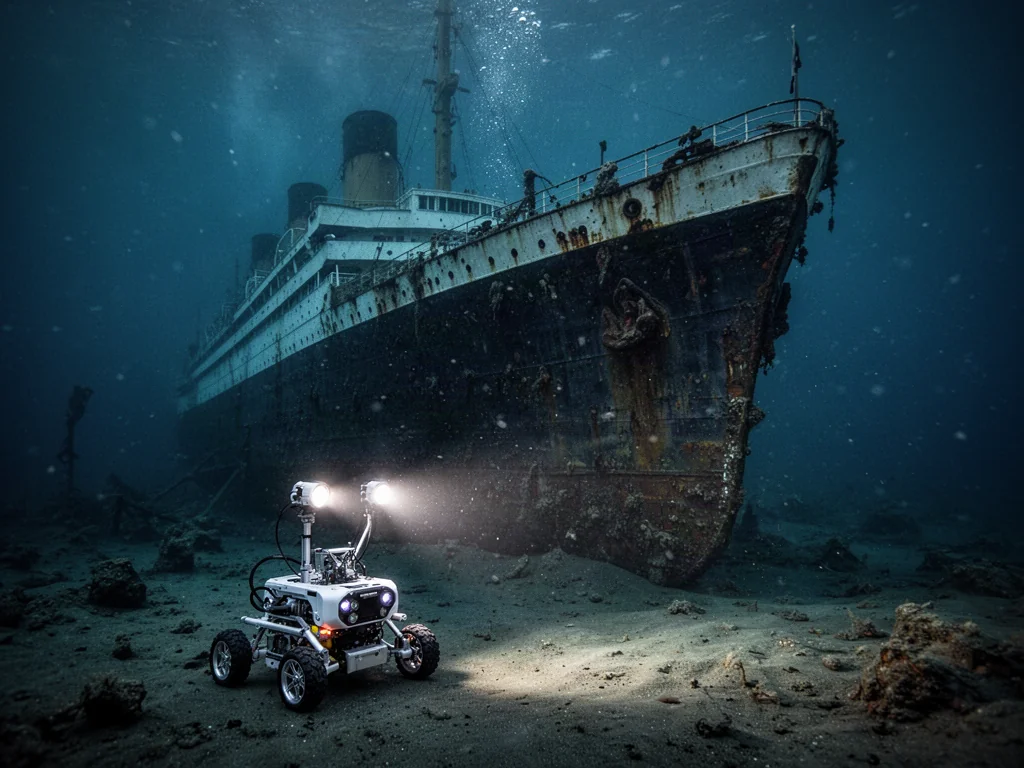 Zardzewiały wrak Titanica na dnie oceanu, oświetlony przez zdalnie sterowany pojazd podwodny.