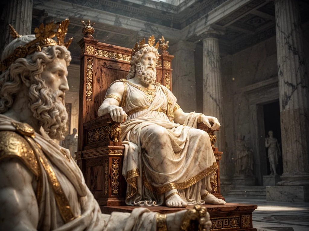 Majestatyczny posąg Zeusa na zdobionym tronie wewnątrz antycznej świątyni, ukazujący detale złota i kości słoniowej.
