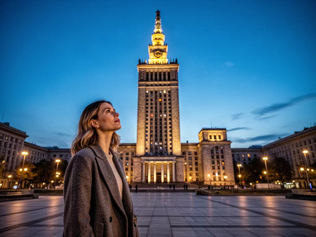 Kobieta na nowoczesnym placu w Warszawie podziwia oświetlony Pałac Kultury i Nauki podczas błękitnej godziny.